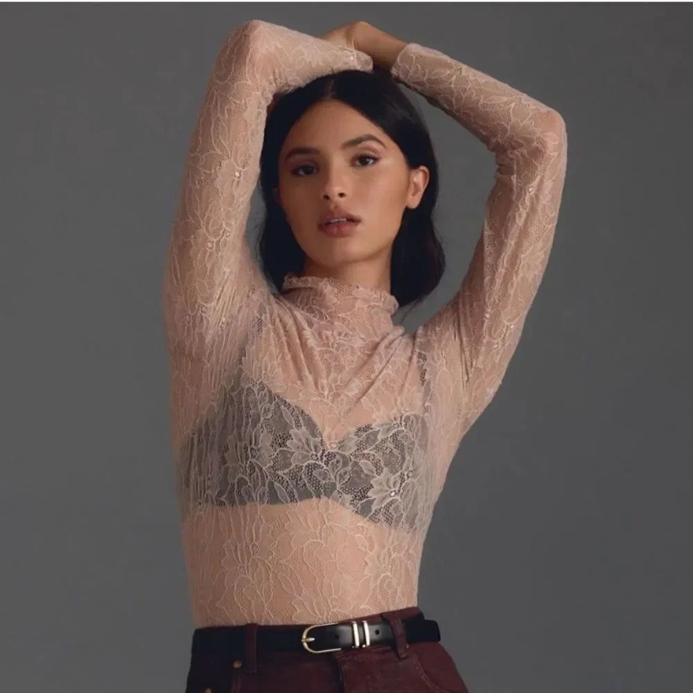 NWT By Anthropologie Lace Layering Turtleneck Top Light Sand Women’s XXS